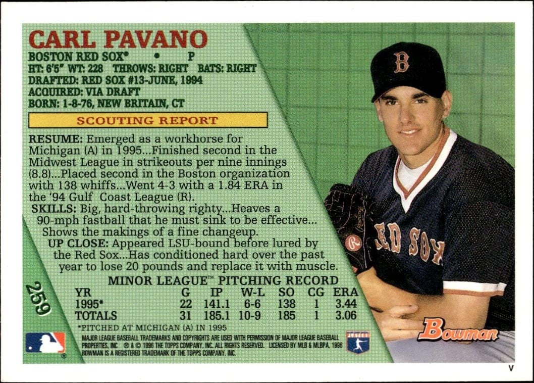 1996 Bowman Carl Pavano #259 baseball trading card back