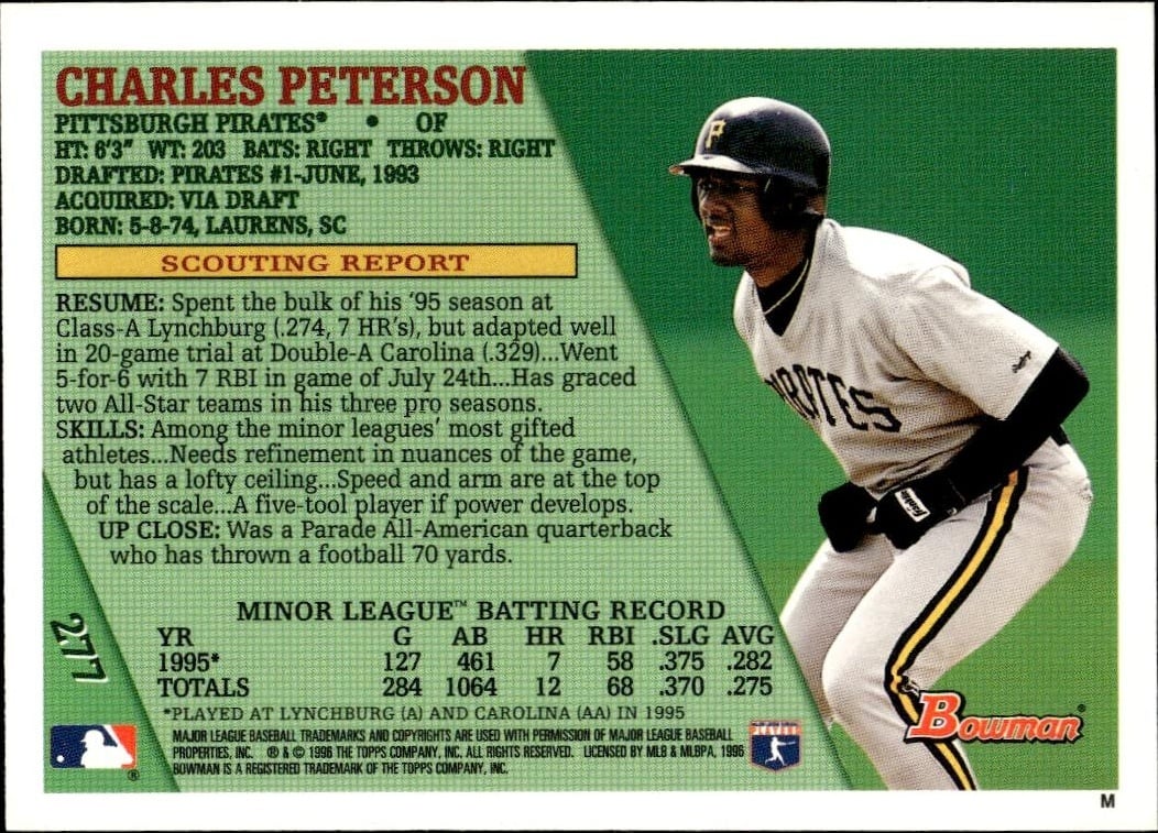 1996 Bowman Charles Peterson #277 baseball trading card back