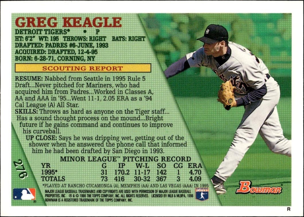 1996 Bowman Greg Keagle #276 baseball trading card back