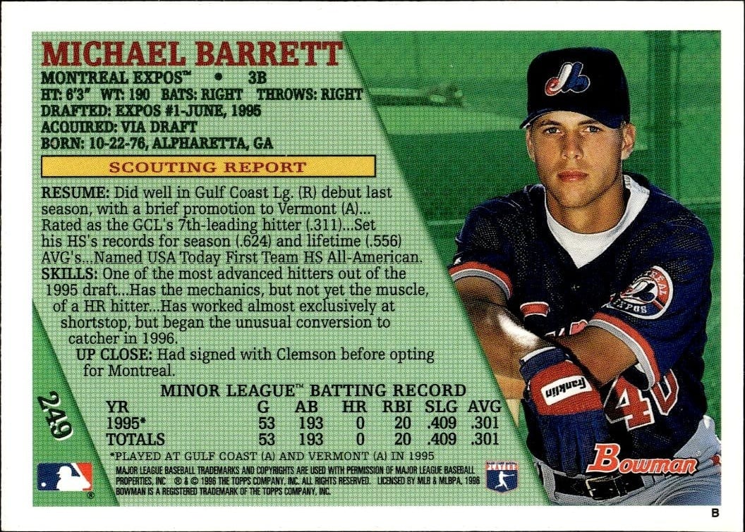 1996 Bowman Michael Barrett #249 baseball trading card back
