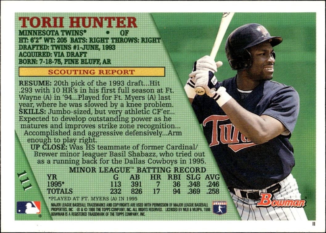 1996 Bowman Torii Hunter #111 baseball trading card back