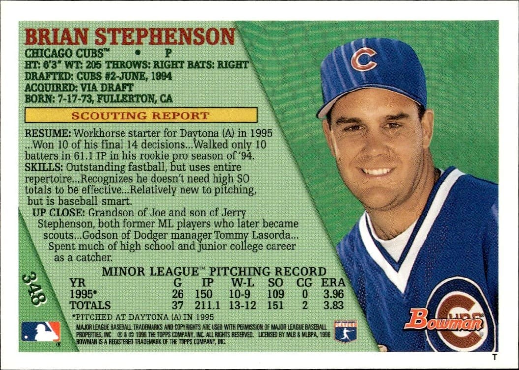1996 Bowman Brian Stephenson #348 baseball trading card back