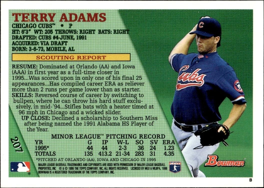 1996 Bowman Terry Adams #207 baseball trading card back
