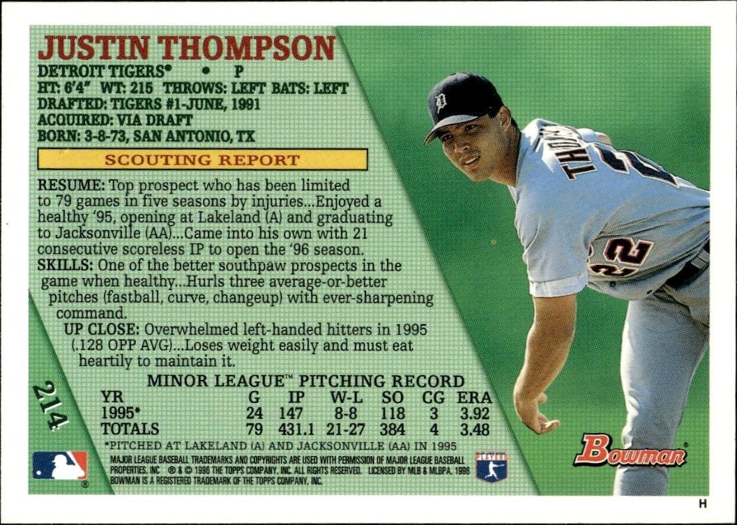 1996 Bowman Justin Thompson #214 baseball trading card back