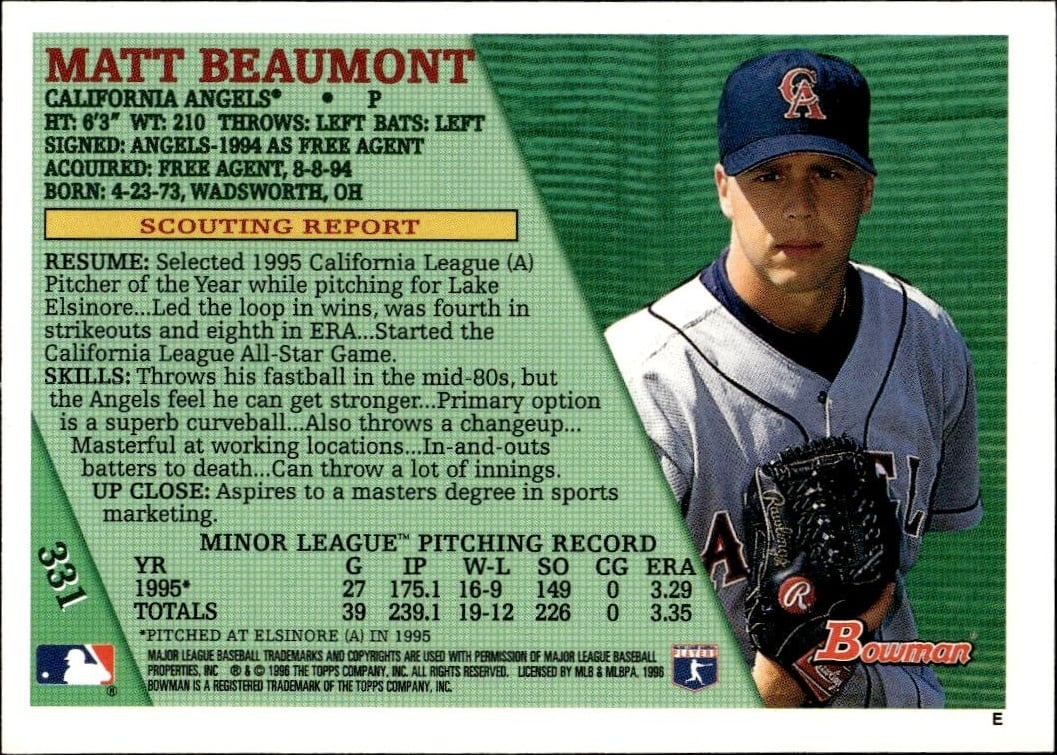 1996 Bowman Matt Beaumont #331 baseball trading card back