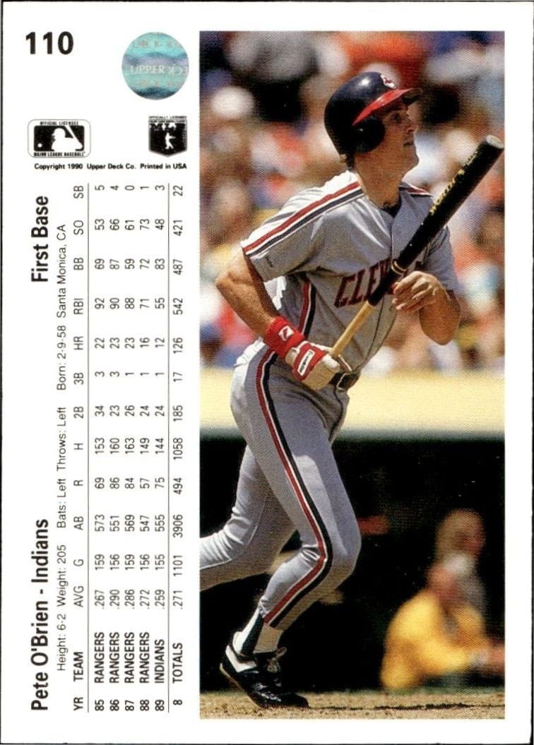 1990 Upper Deck Pete O'Brien #110 baseball trading card back