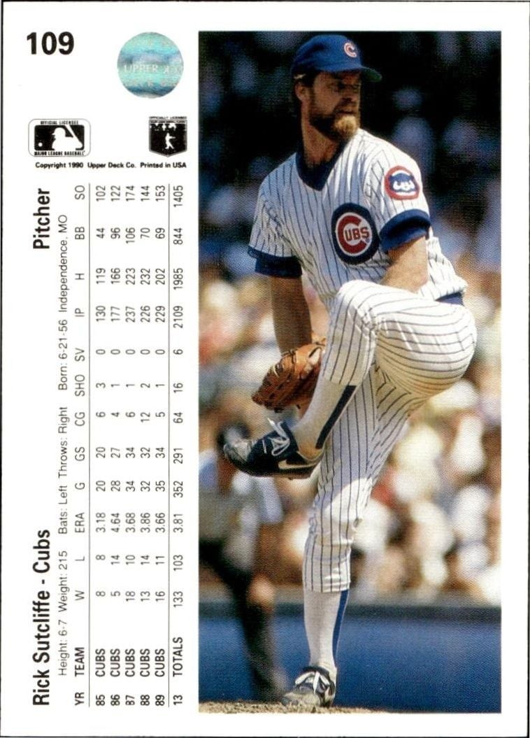 1990 Upper Deck Rick Sutcliffe #109 baseball trading card back