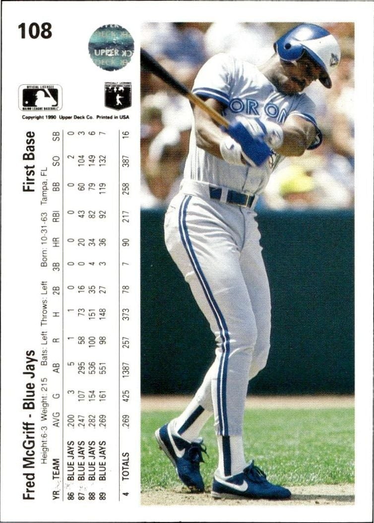 1990 Upper Deck Fred McGriff #108 baseball trading card back
