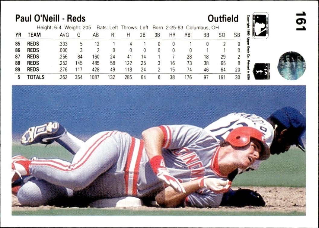 1990 Upper Deck Paul O'Neill #161 baseball trading card back