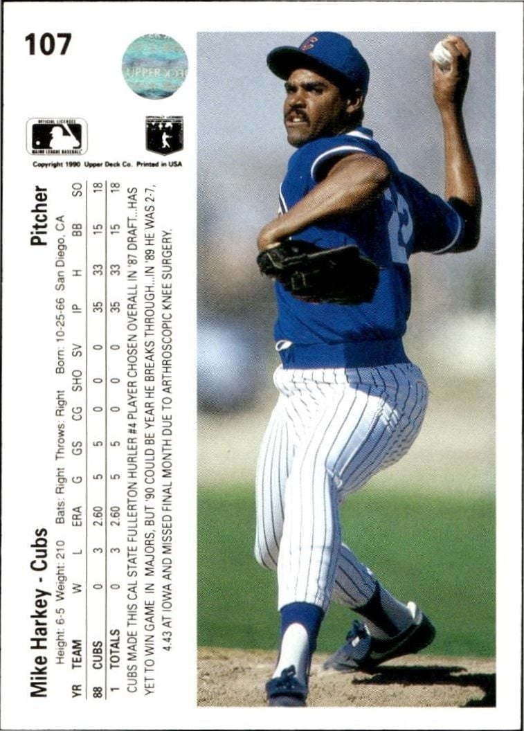 1990 Upper Deck Mike Harkey #107 baseball trading card back