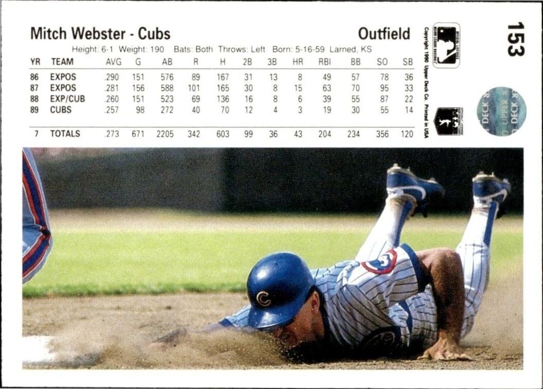 1990 Upper Deck Mitch Webster #153 baseball trading card back