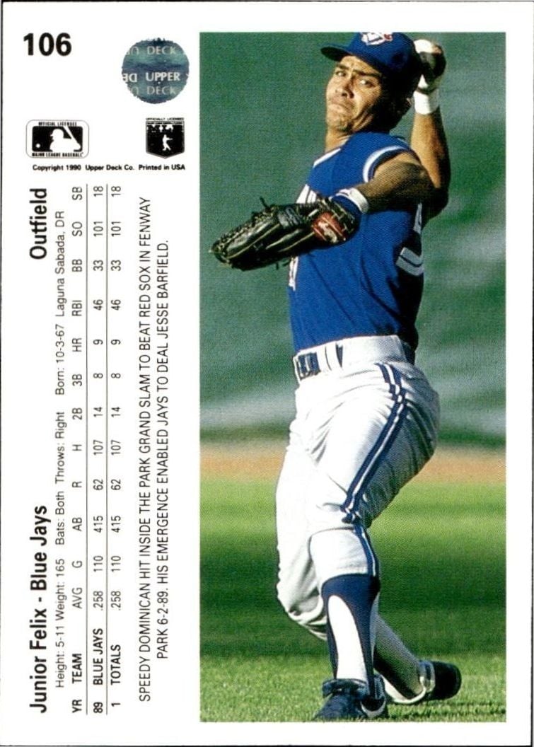 1990 Upper Deck Junior Felix #106 baseball trading card back