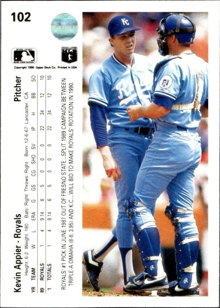 1990 Upper Deck Kevin Appier #102 baseball trading card back