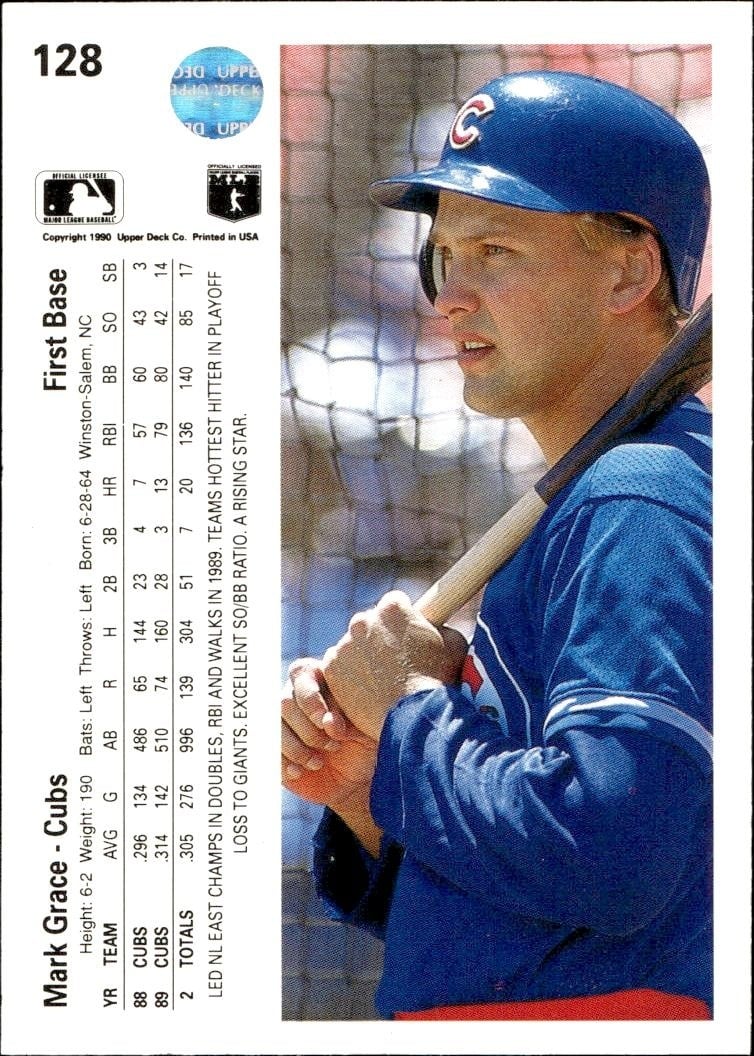 1990 Upper Deck Mark Grace #128 baseball trading card back