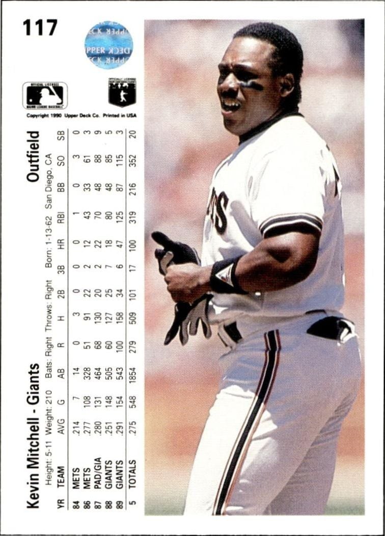 1990 Upper Deck Kevin Mitchell #117 baseball trading card back
