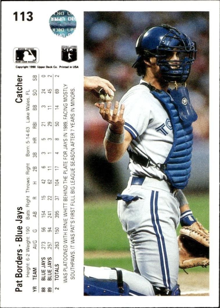 1990 Upper Deck Pat Borders #113 baseball trading card back