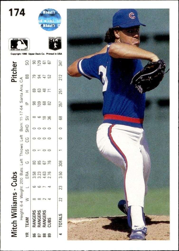 1990 Upper Deck Mitch Williams #174 baseball trading card back