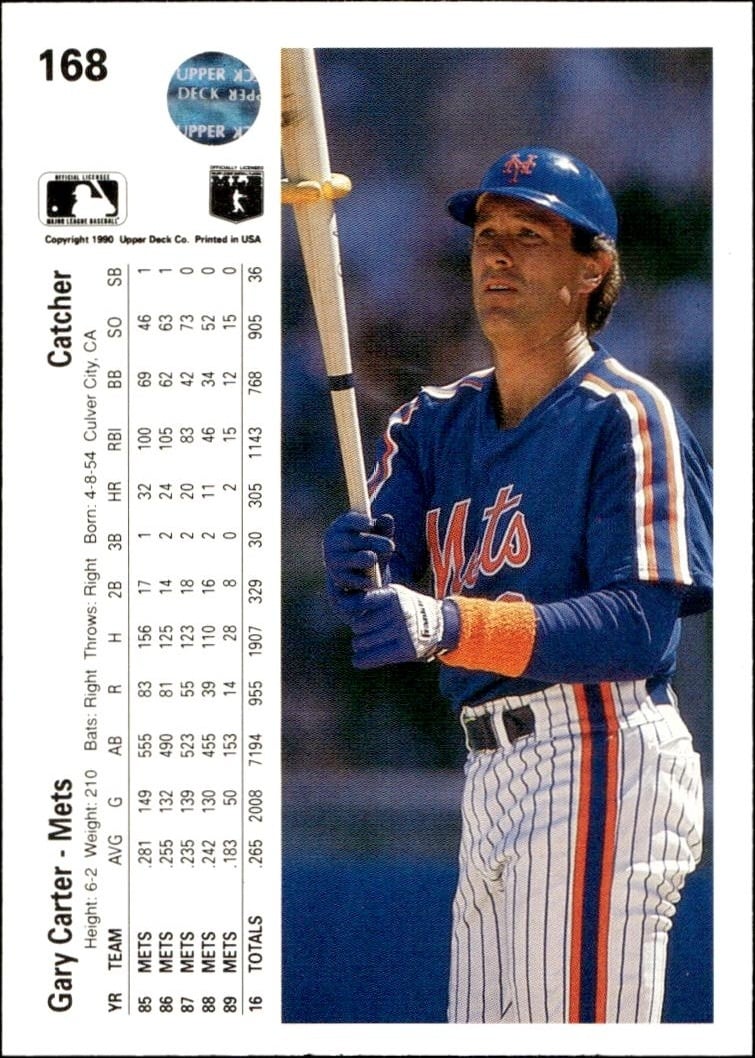 1990 Upper Deck Gary Carter #168 baseball trading card back
