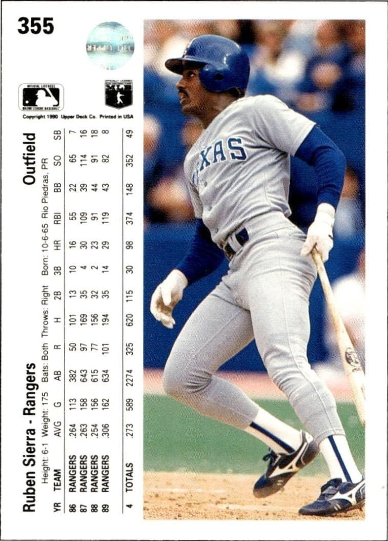 1990 Upper Deck Ruben Sierra #355 baseball trading card back