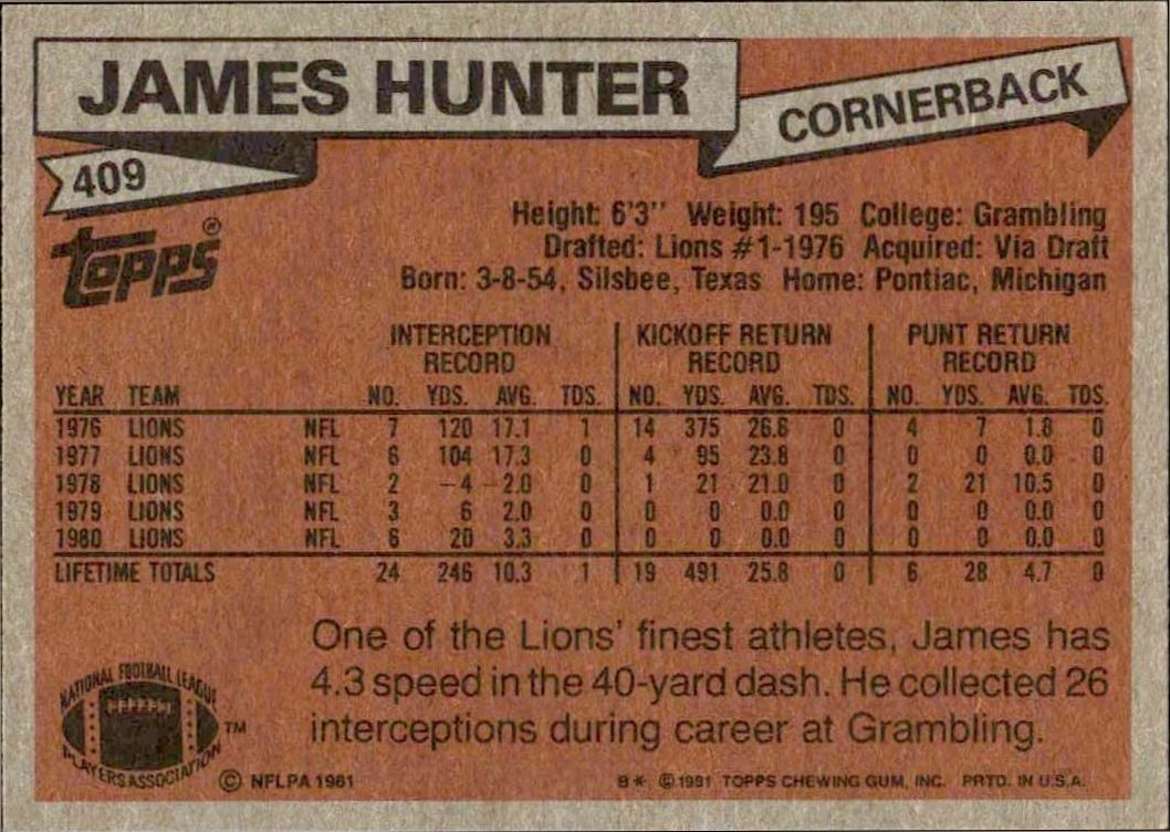 1981 Topps James Hunter #409 football trading card back