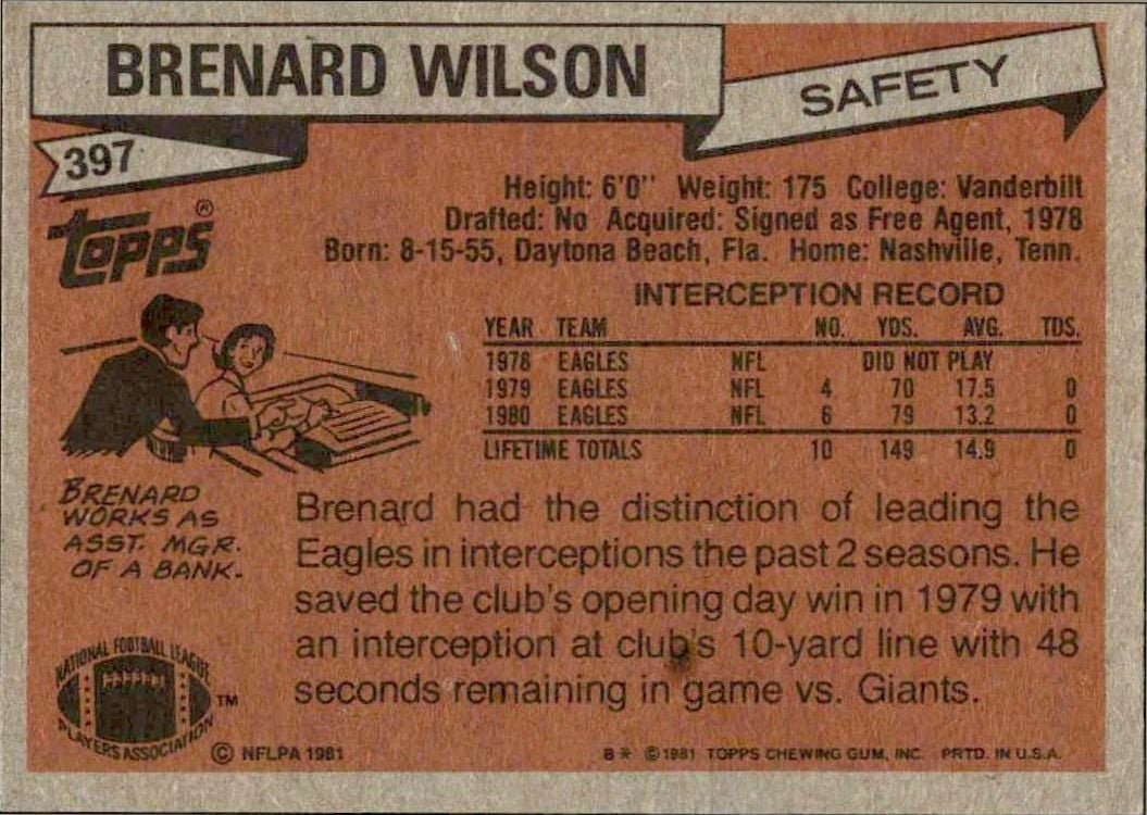 1981 Topps Brenard Wilson #397 football trading card back