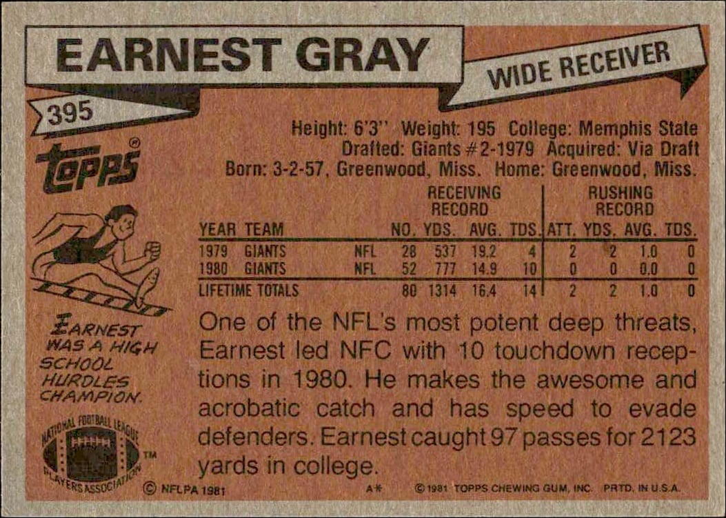 1981 Topps Earnest Gray #395 football trading card back