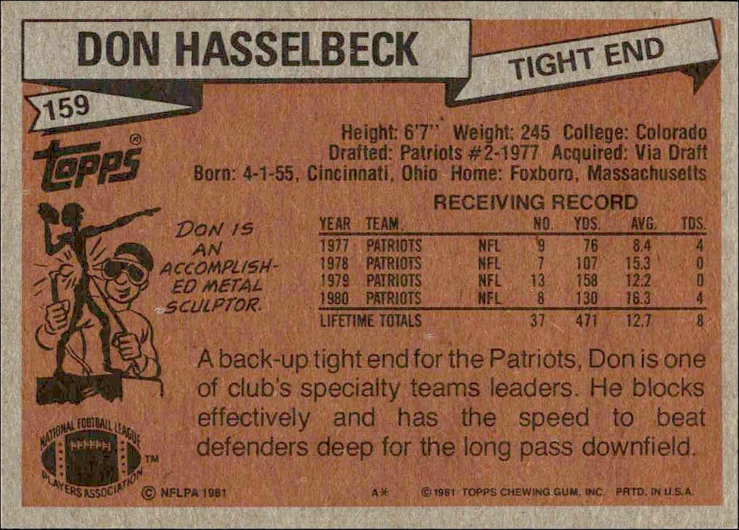 1981 Topps Don Hasselbeck #159 football trading card back