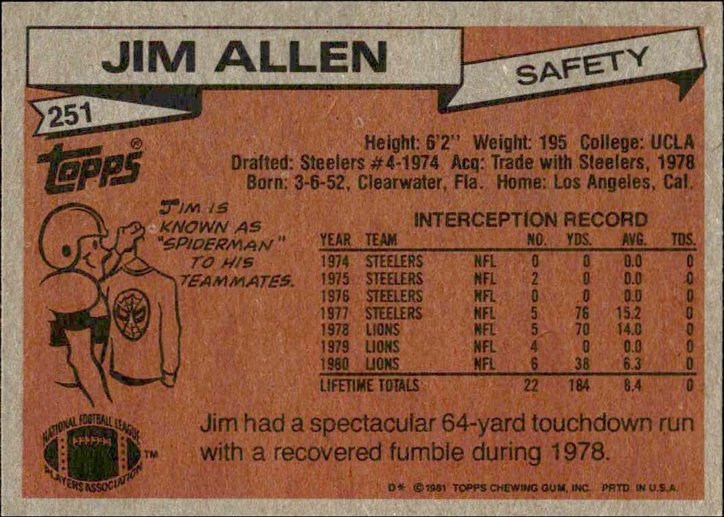 1981 Topps Jim Allen #251 football trading card back