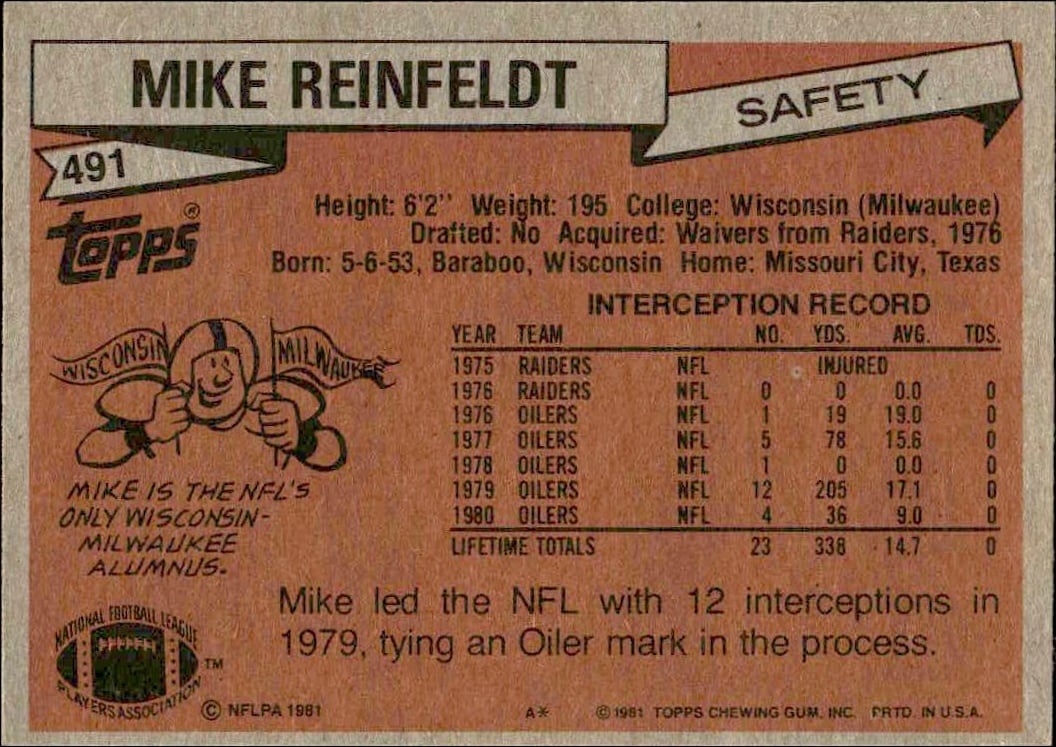 1981 Topps Mike Reinfeldt #491 football trading card back