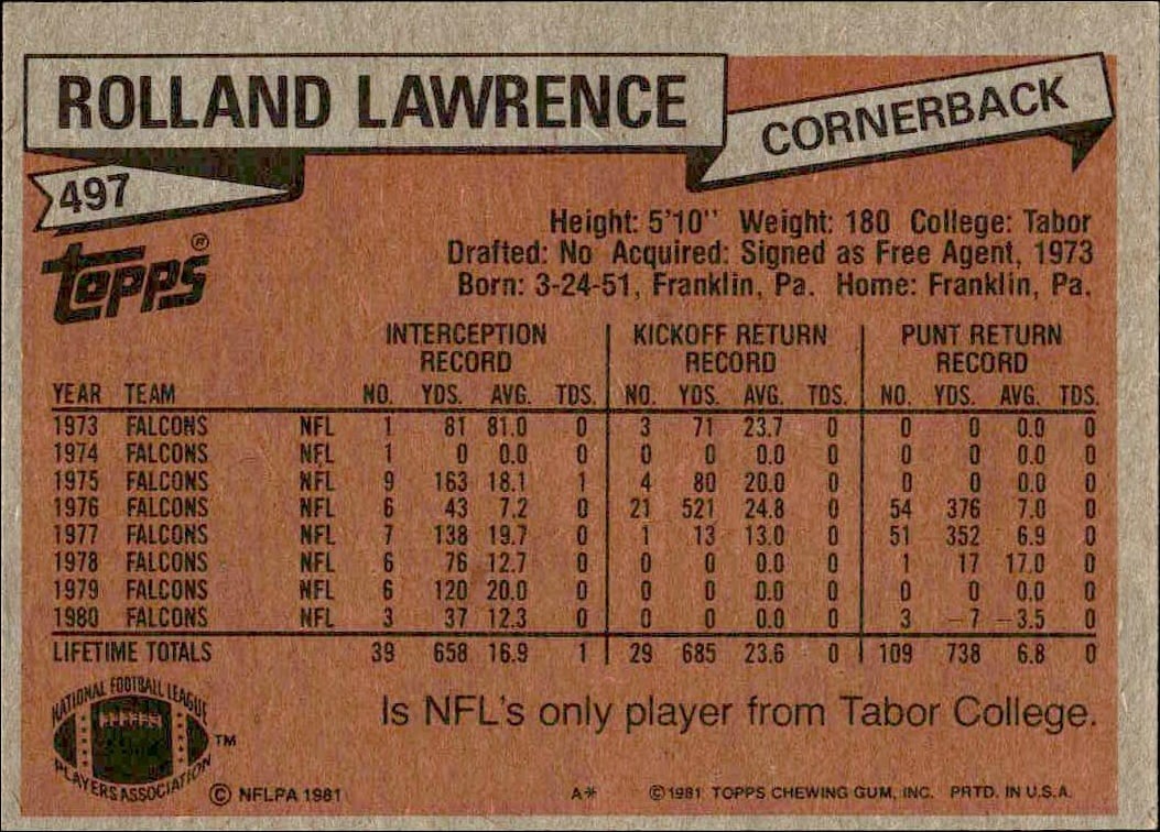 1981 Topps Rolland Lawrence #497 football trading card back