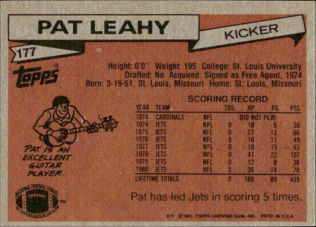 1981 Topps Pat Leahy #177 football trading card back