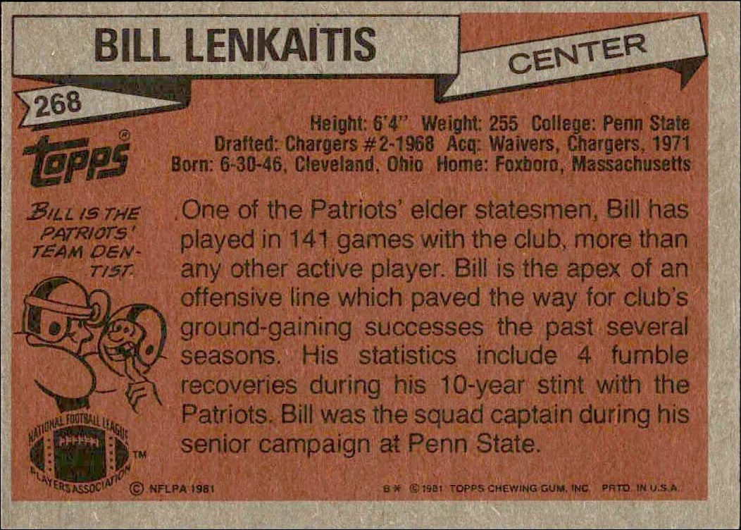 1981 Topps Bill Lenkaitis #268 football trading card back