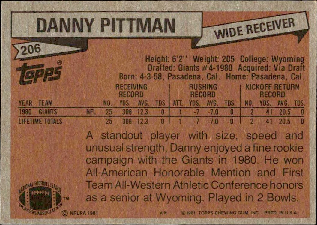 1981 Topps Danny Pittman #206 football trading card back