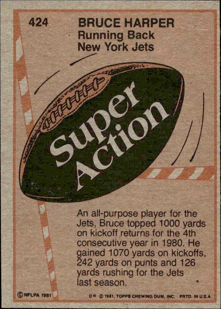 1981 Topps Bruce Harper #424 football trading card back
