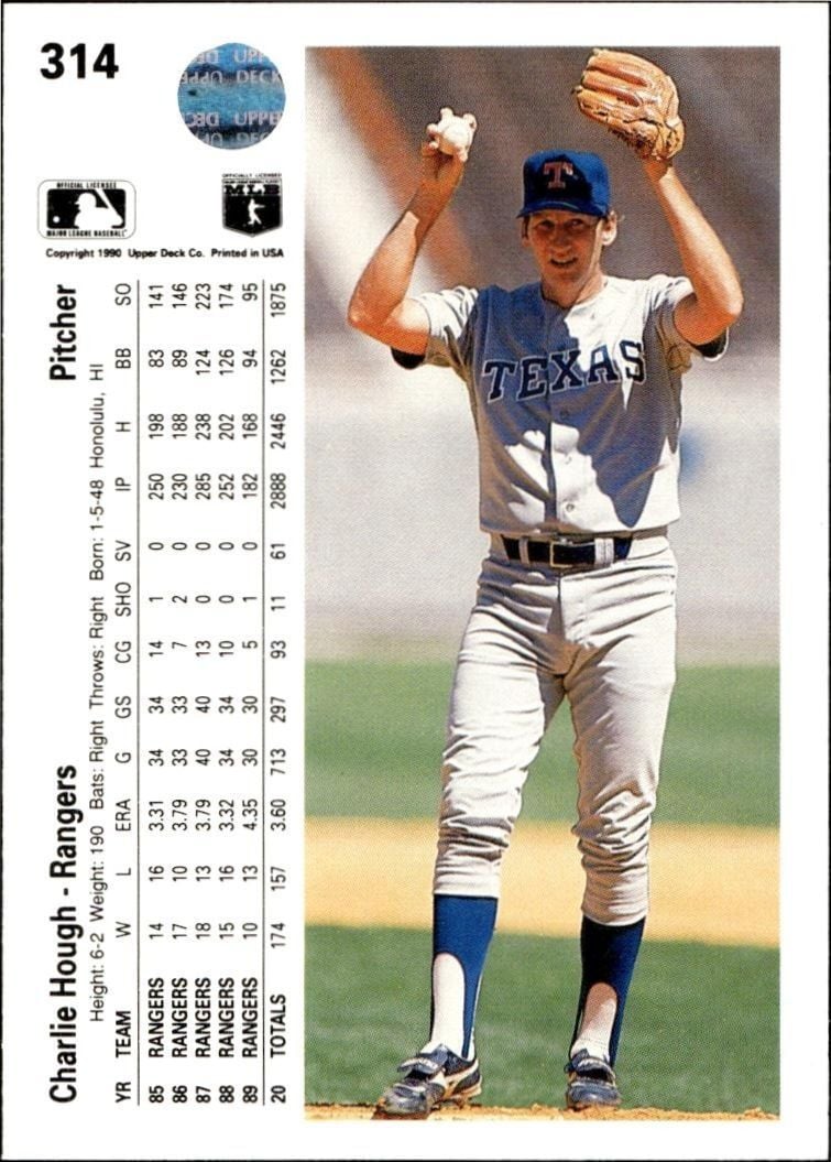 1990 Upper Deck Charlie Hough #314 baseball trading card back