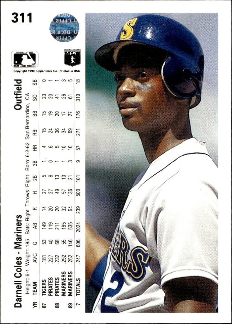 1990 Upper Deck Darnell Coles #311 baseball trading card back