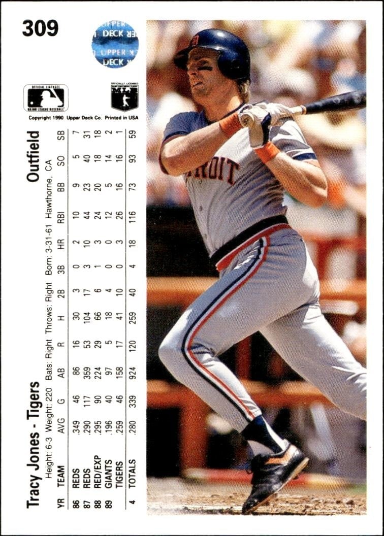 1990 Upper Deck Tracy Jones #309 baseball trading card back