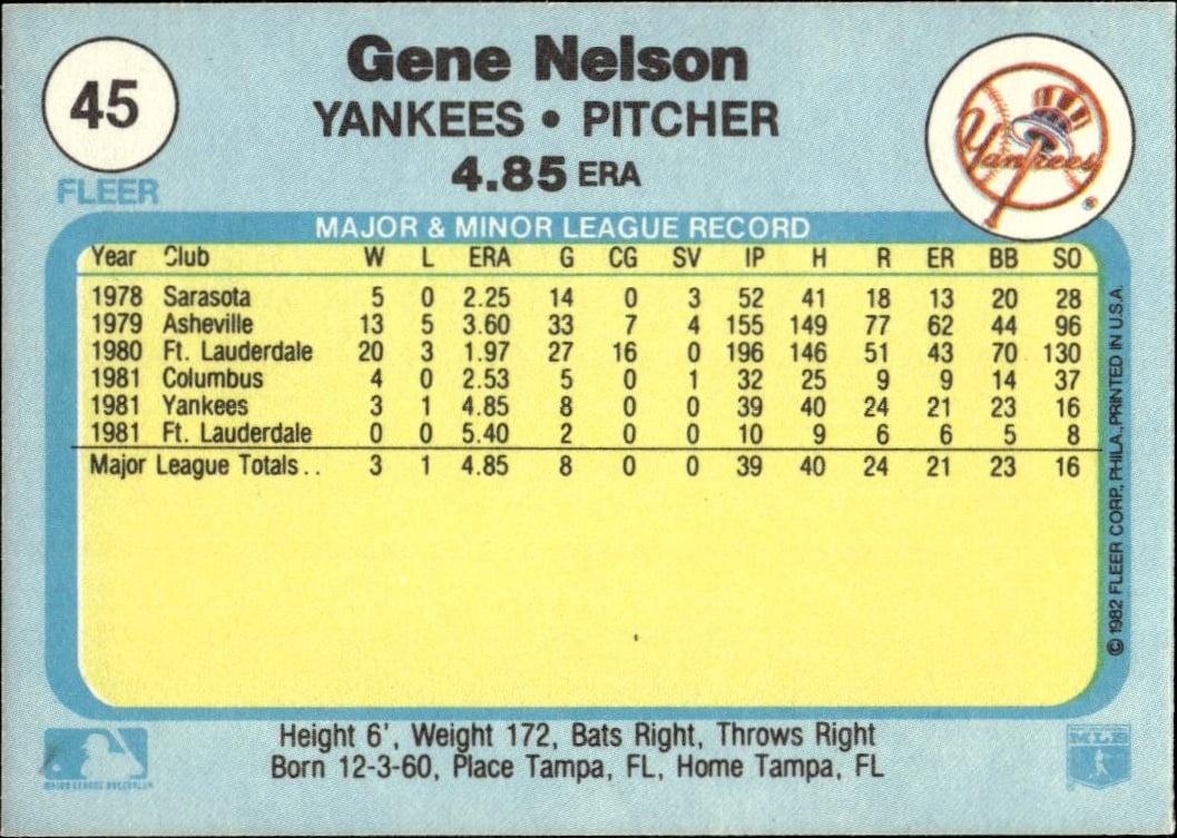 1982 Fleer Gene Nelson #45 baseball trading card back