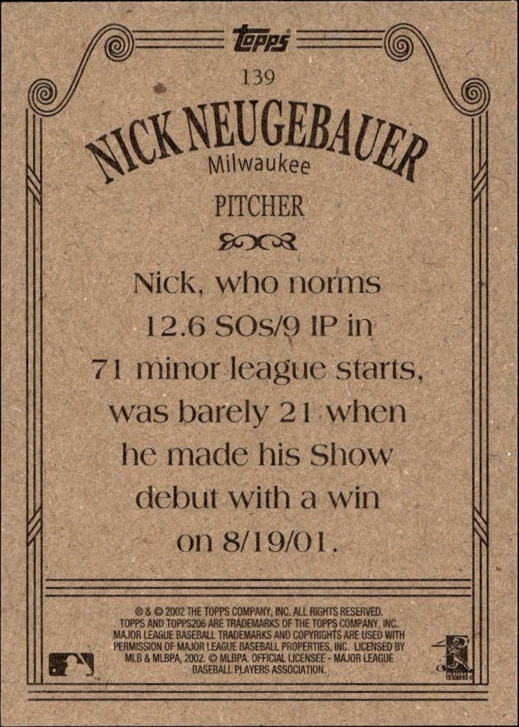 2002 Topps 206 Nick Neugebauer #139 baseball trading card back