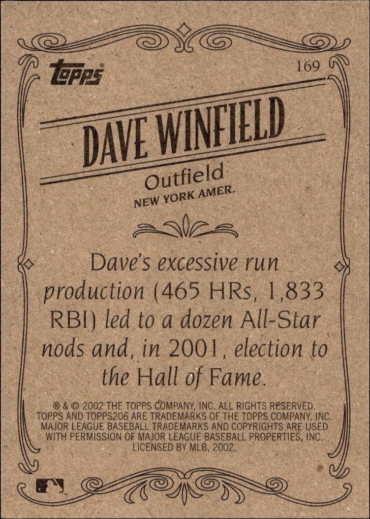 2002 Topps 206 Dave Winfield #169 baseball trading card back
