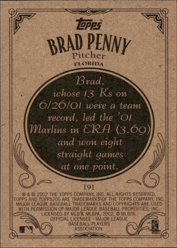 2002 Topps 206 Brad Penny #191 baseball trading card back