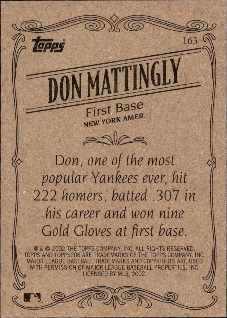 2002 Topps 206 Don Mattingly #163 baseball trading card back