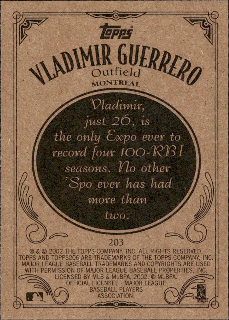 2002 Topps 206 Vladimir Guerrero #203 baseball trading card back