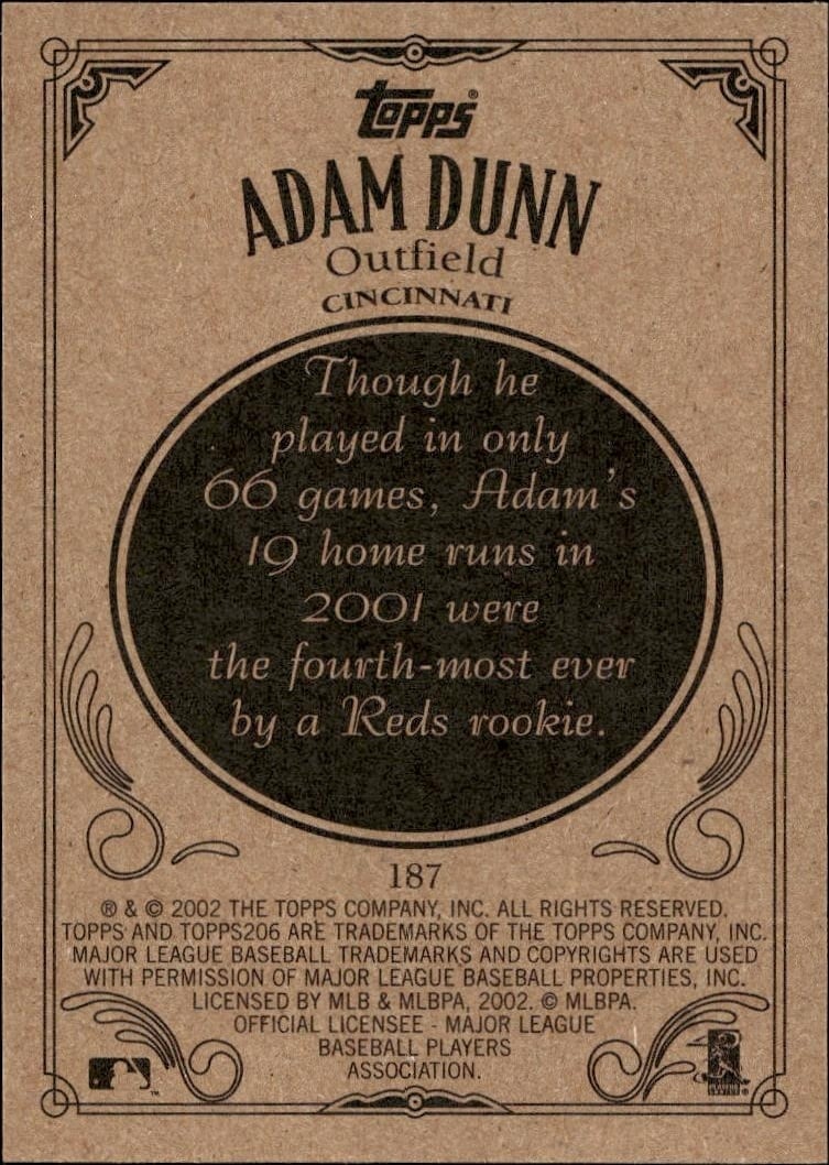 2002 Topps 206 Adam Dunn #187 baseball trading card back