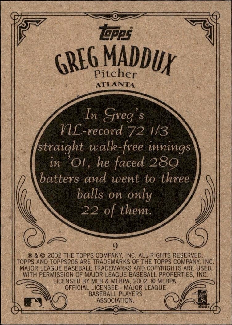 2002 Topps 206 Greg Maddux #9 baseball trading card back