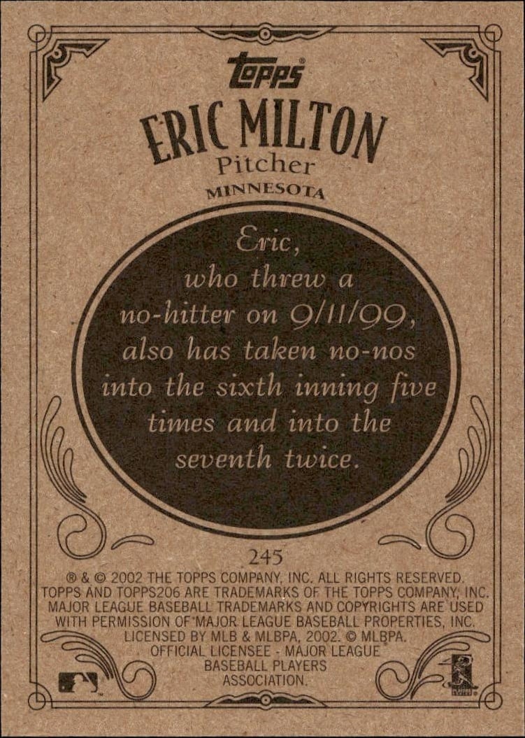 2002 Topps 206 Eric Milton #245 baseball trading card back