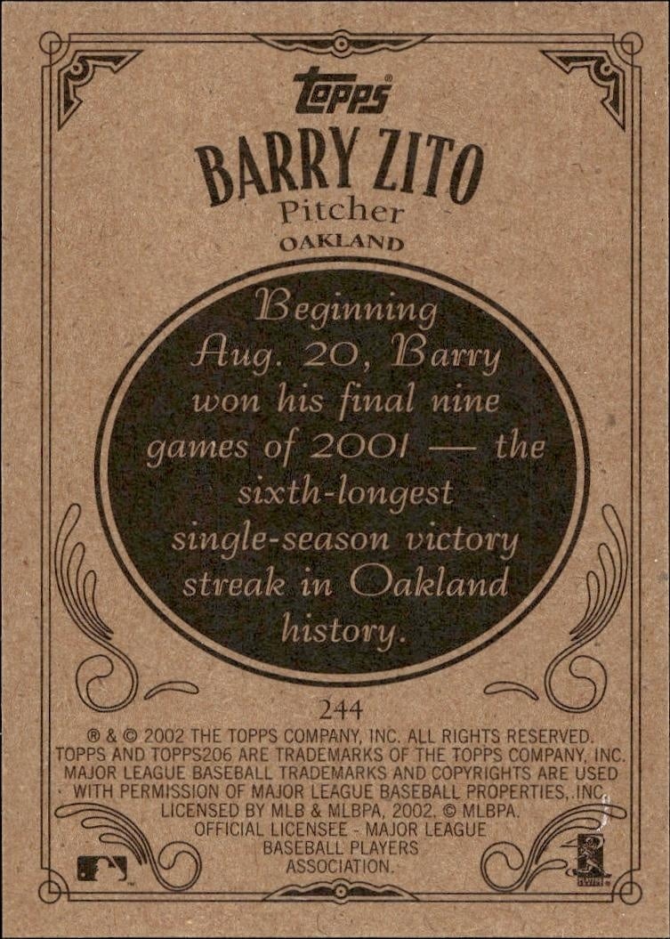 2002 Topps 206 Barry Zito #244 baseball trading card back