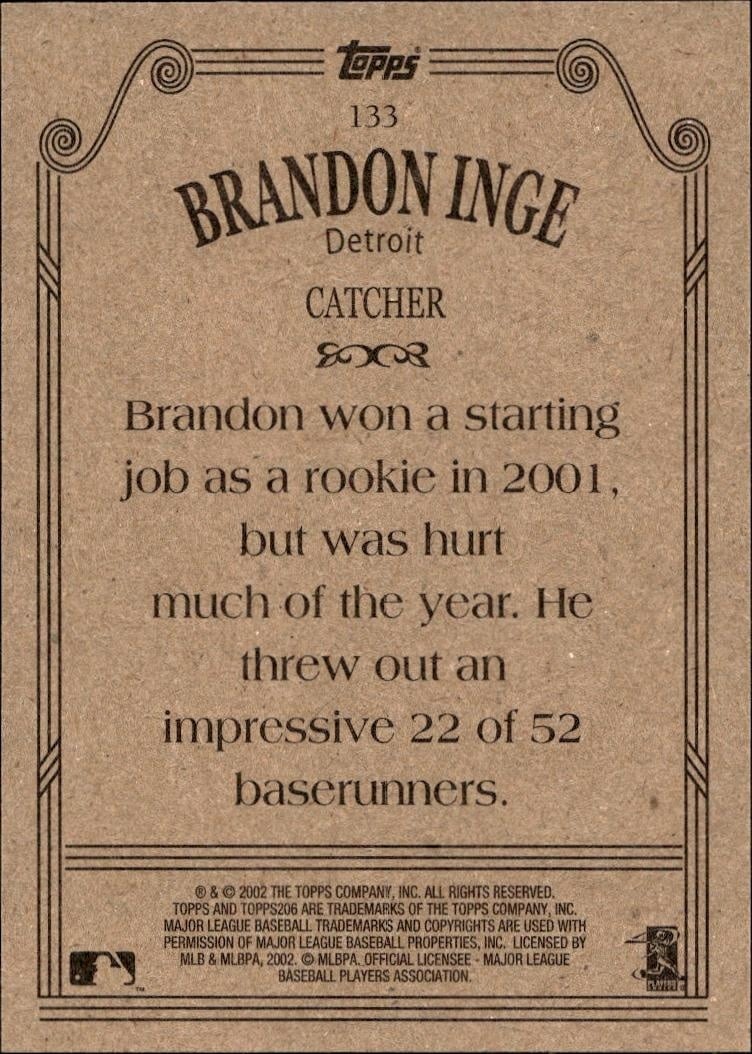 2002 Topps 206 Brandon Inge #133 baseball trading card back
