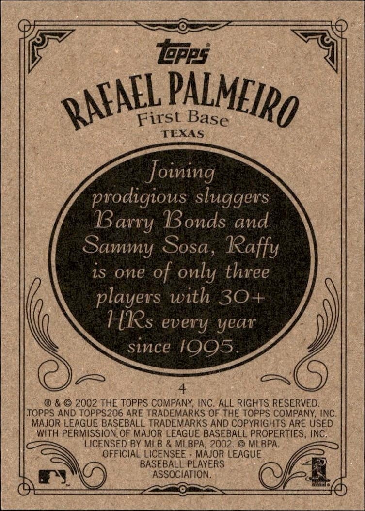 2002 Topps 206 Rafael Palmeiro #4 baseball trading card back