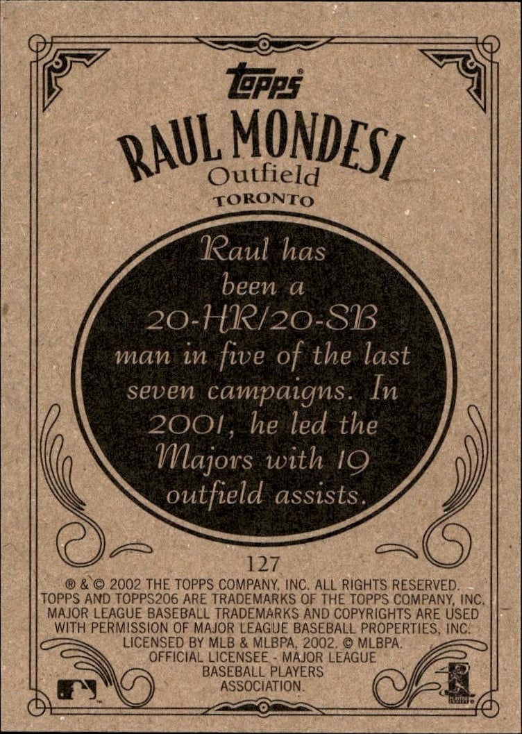 2002 Topps 206 Raul Mondesi #127 baseball trading card back